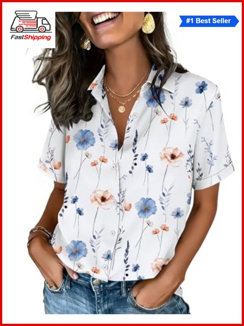 ✨Zeagoo Women's Short Sleeve Button Down Blouse V-Neck Roll-Up Cuffs Dressy